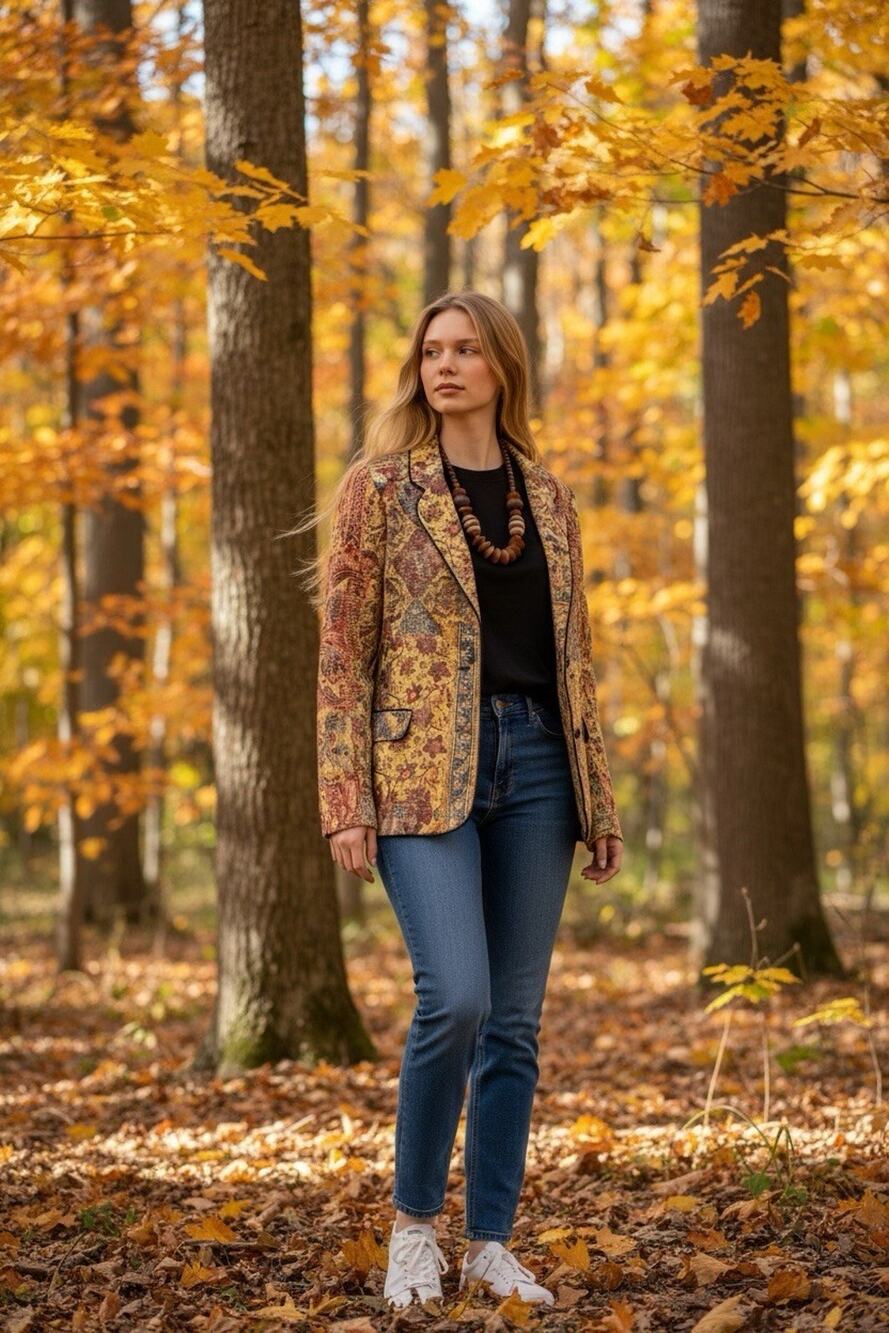 Vintage Coldwater Creek L Earthtone Browns Floral Paisley Blazer Jacket Boho